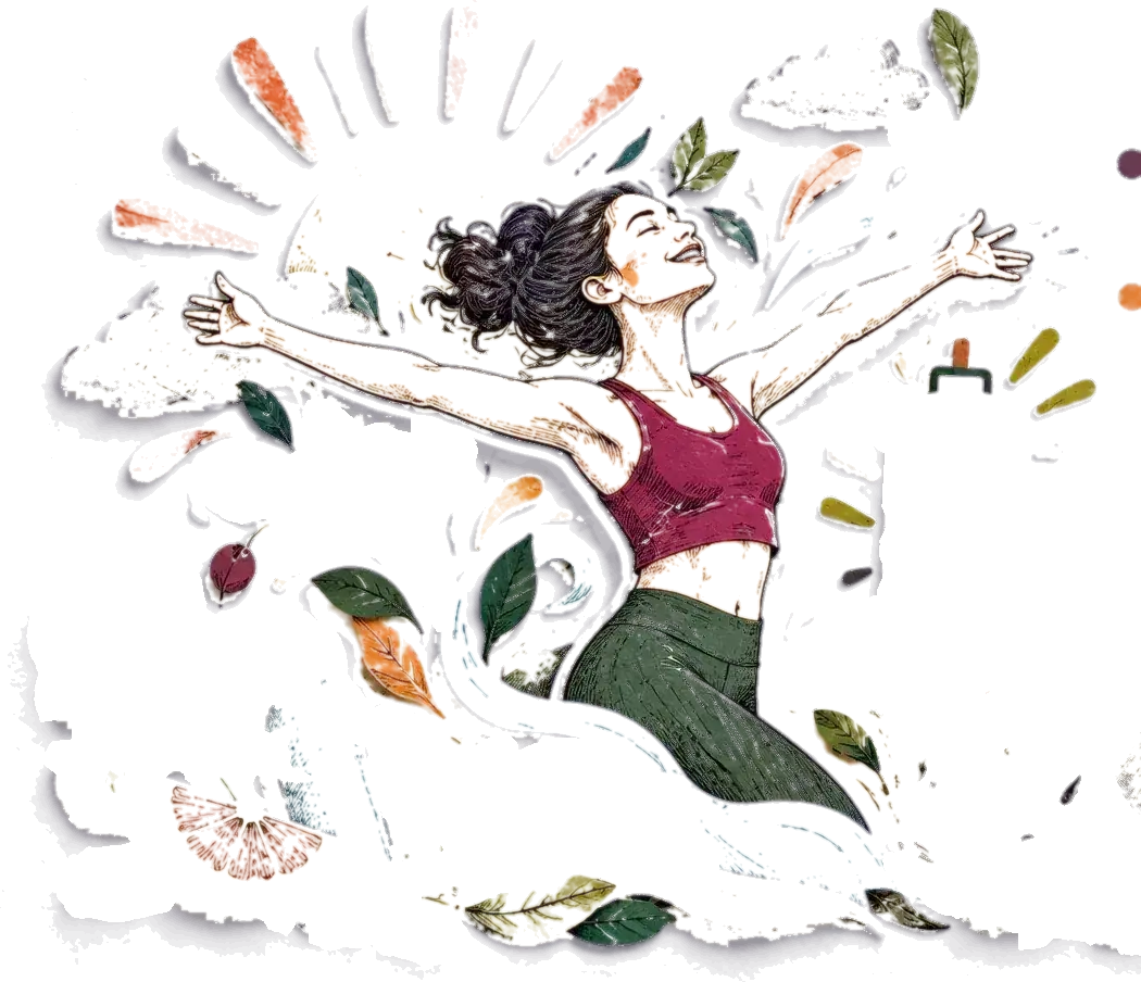 A woman with her arms open to the sun, surrounded by kale, water, berries, running shoes and a full battery