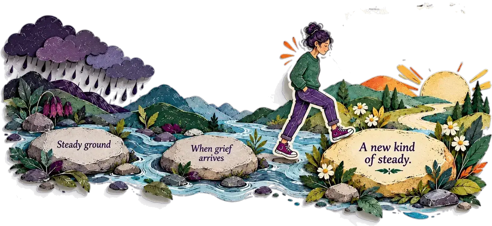A figure stepping across a river on stones labelled steady ground, when grief arrives, and a new kind of steady — into sunlight