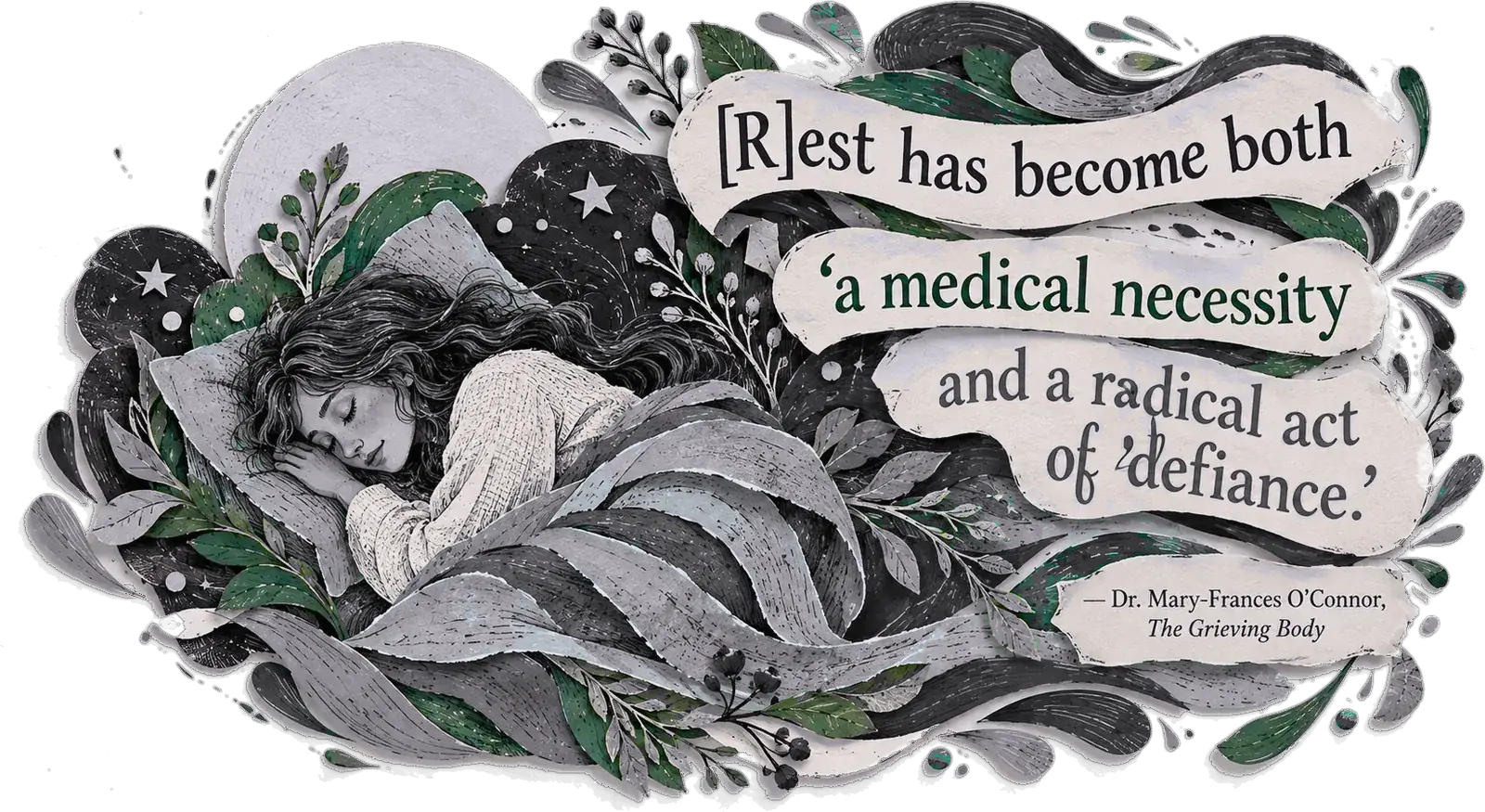 A woman asleep under blue waves with a banner: rest has become both a medical necessity and a radical act of defiance