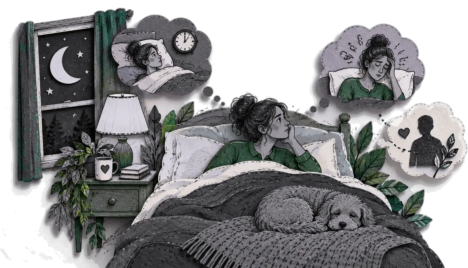 A woman awake in bed at 3:00, thought bubbles of worry, a dog asleep at her feet, the moon in the window