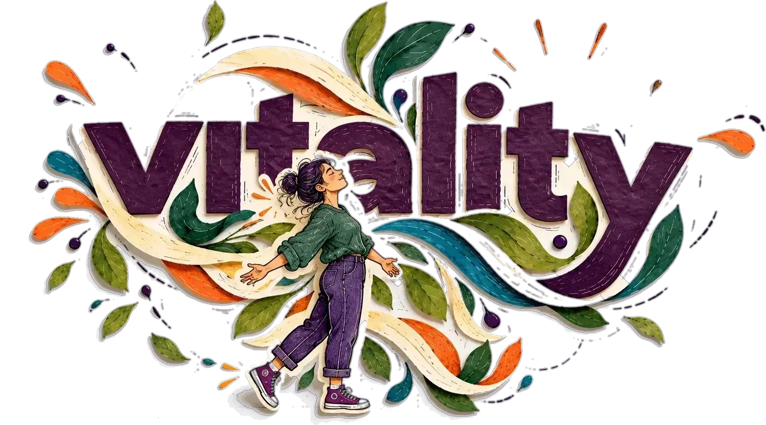 The word vitality in cut paper, with a woman walking through leaves and sunlight