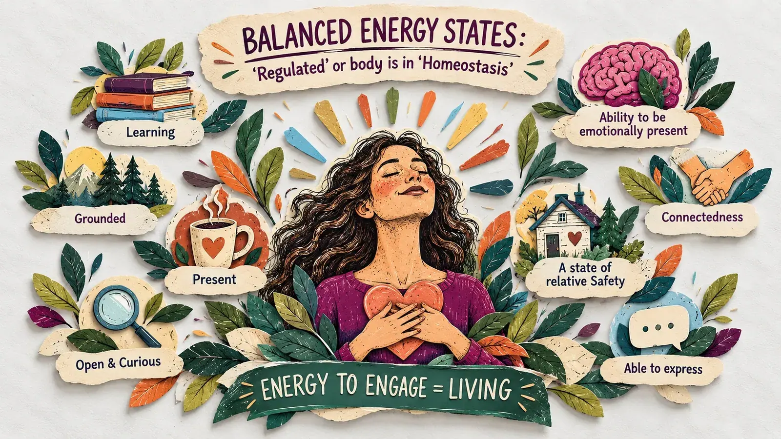 A woman with a hand on her heart, surrounded by words: learning, grounded, present, open and curious, able to express, connectedness, a state of relative safety — energy to engage equals living