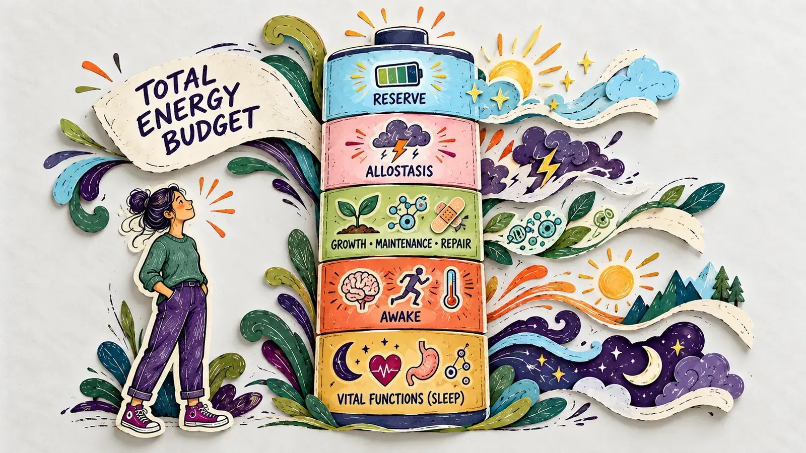A tall paper battery labelled Total Energy Budget, stacked with reserve, allostasis, growth-maintenance-repair, awake, and vital functions