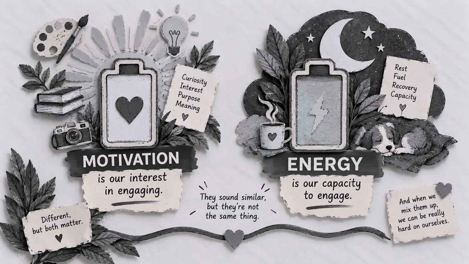Two paper batteries: Motivation — our interest in engaging — and Energy — our capacity to engage. They sound similar, but they're not the same thing