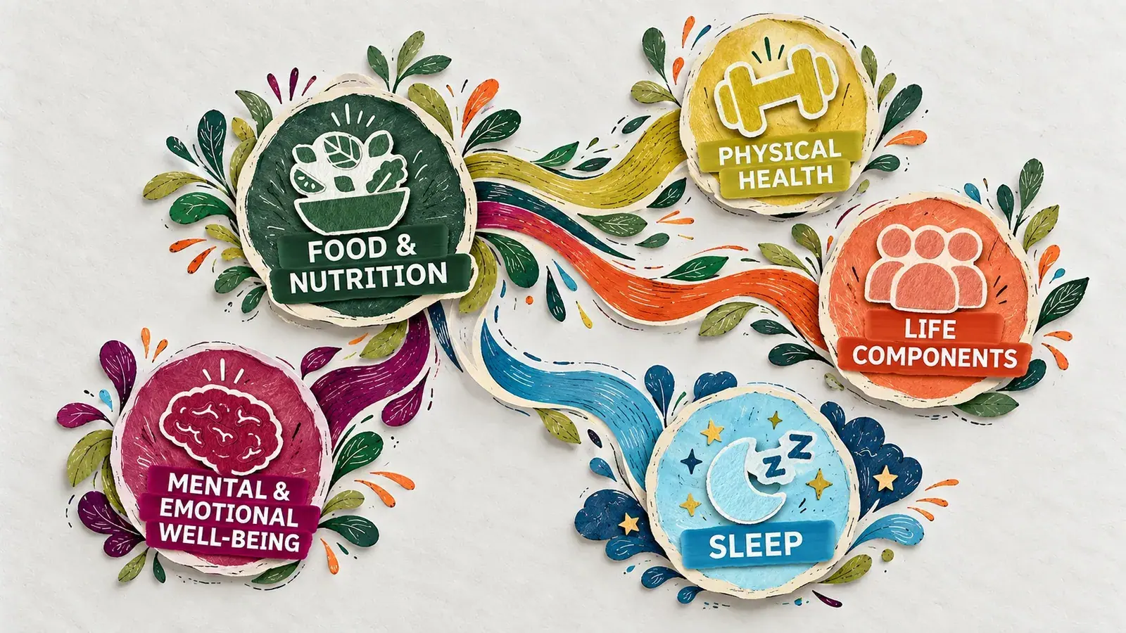 Five round paper badges — Food & Nutrition, Physical Health, Mental & Emotional Well-being, Sleep, Life Components — joined by flowing ribbons of colour