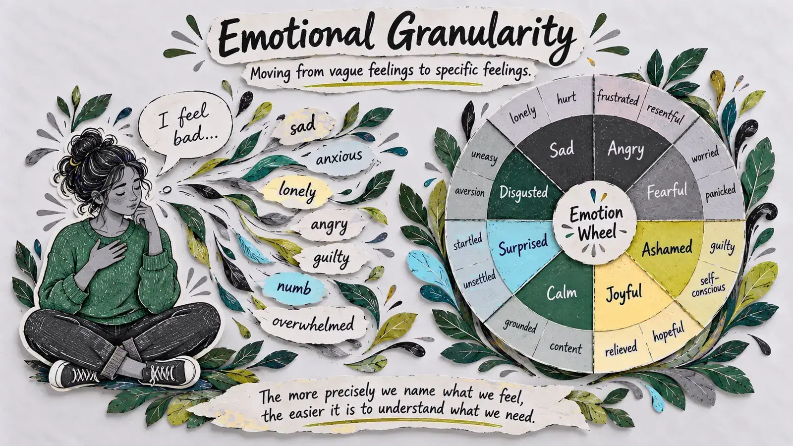 An emotion wheel beside a woman with a hand on her chest: I feel bad... sad, anxious, lonely, angry, guilty, numb, overwhelmed — moving from vague feelings to specific ones