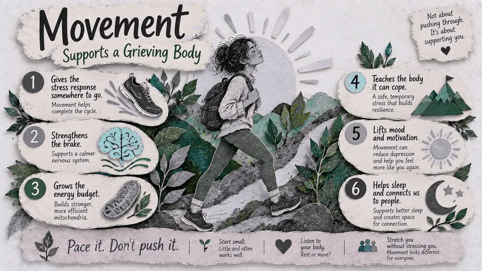 Poster: Movement supports a grieving body — gives the stress response somewhere to go, strengthens the brake, grows the energy budget, teaches the body it can cope, lifts mood, helps sleep and connects us to people. Pace it. Don't push it.