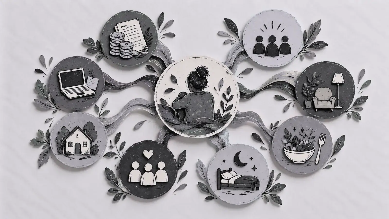 A figure at the centre of a web of circles: paperwork, finances, home, the empty chair, bed, meals, people