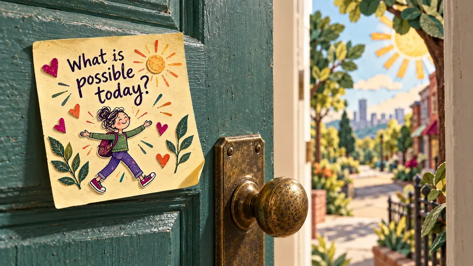 A sticky note on a green front door, with the door open to a sunny street: What is possible today?