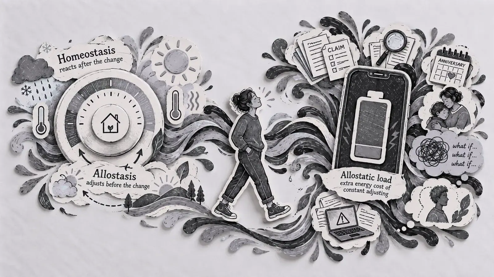 A thermostat and a phone battery: homeostasis reacts after the change, allostasis adjusts before the change, allostatic load is the extra energy cost of constantly adjusting