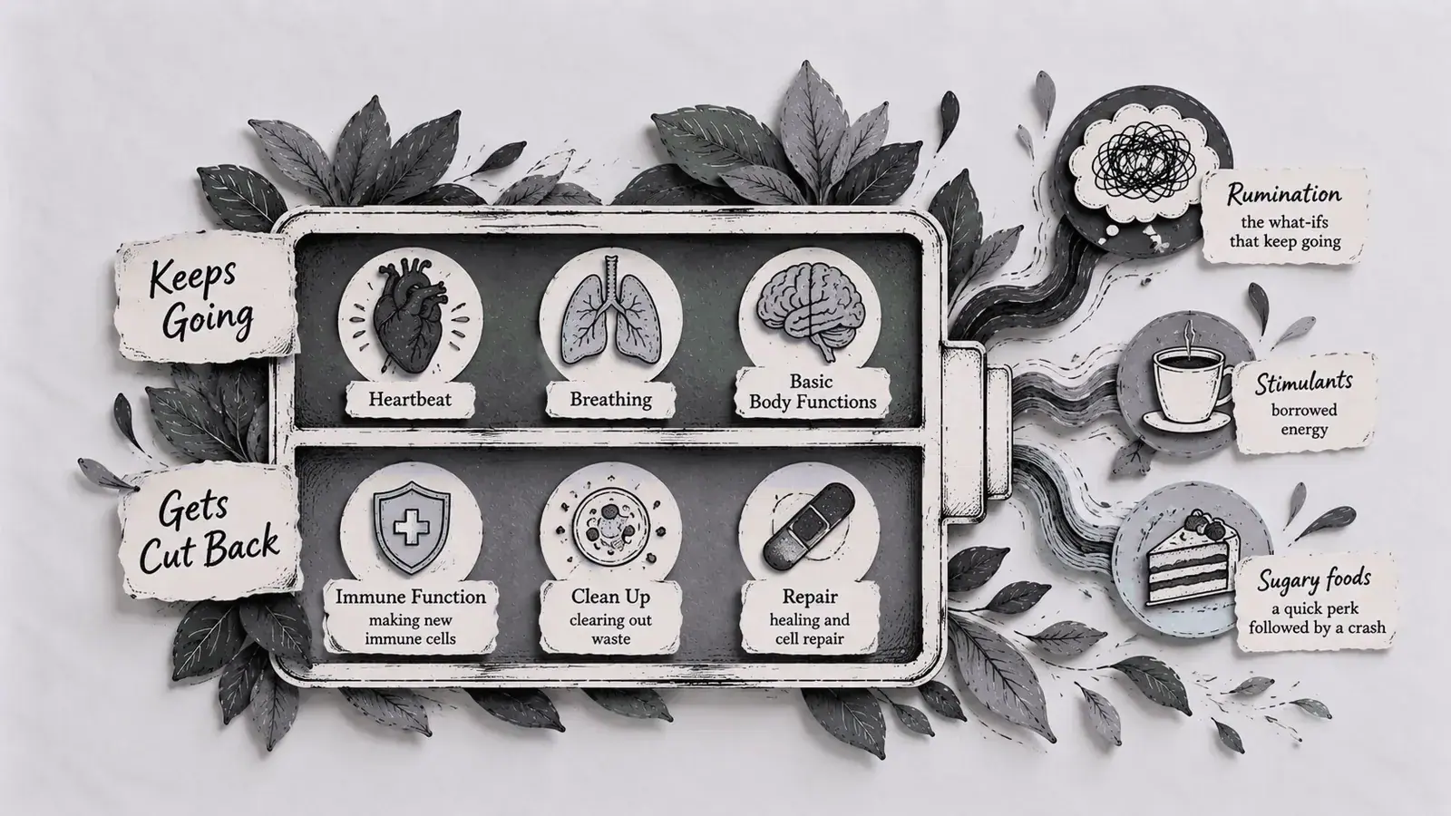 A fuse box: what keeps going — heartbeat, breathing, basic body functions — and what gets cut back — immune function, clean-up, repair