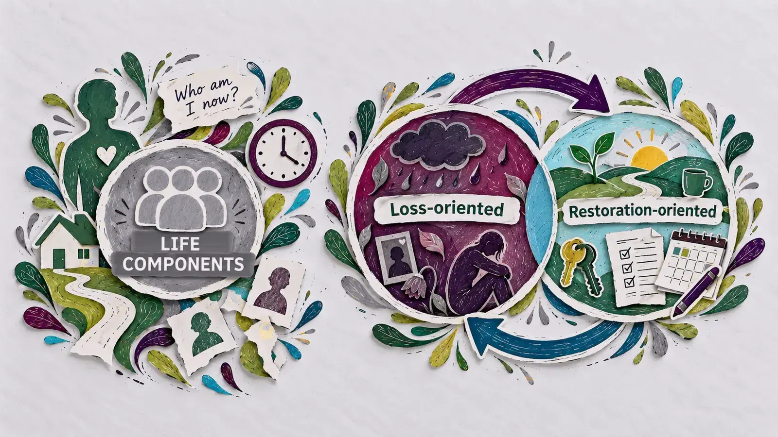 Life Components badge beside two circles: loss-oriented (the grief itself) and restoration-oriented (keys, calendar, paperwork, the new tasks of living)