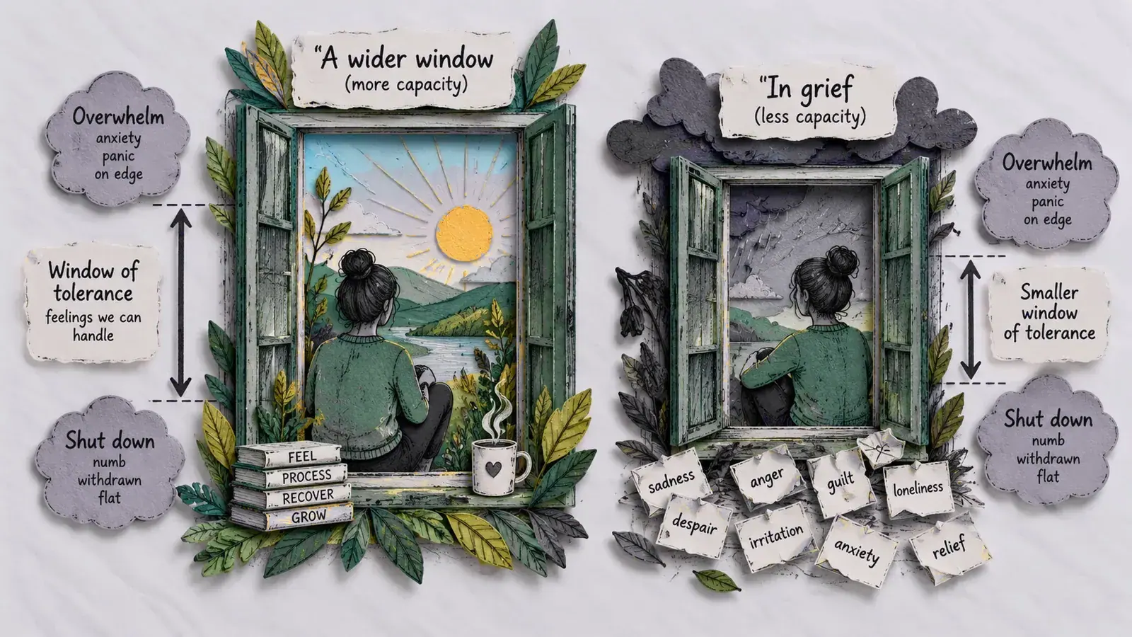 Two windows: a wider window of tolerance with more capacity, and a narrower one in grief, where overwhelm and shutdown are closer
