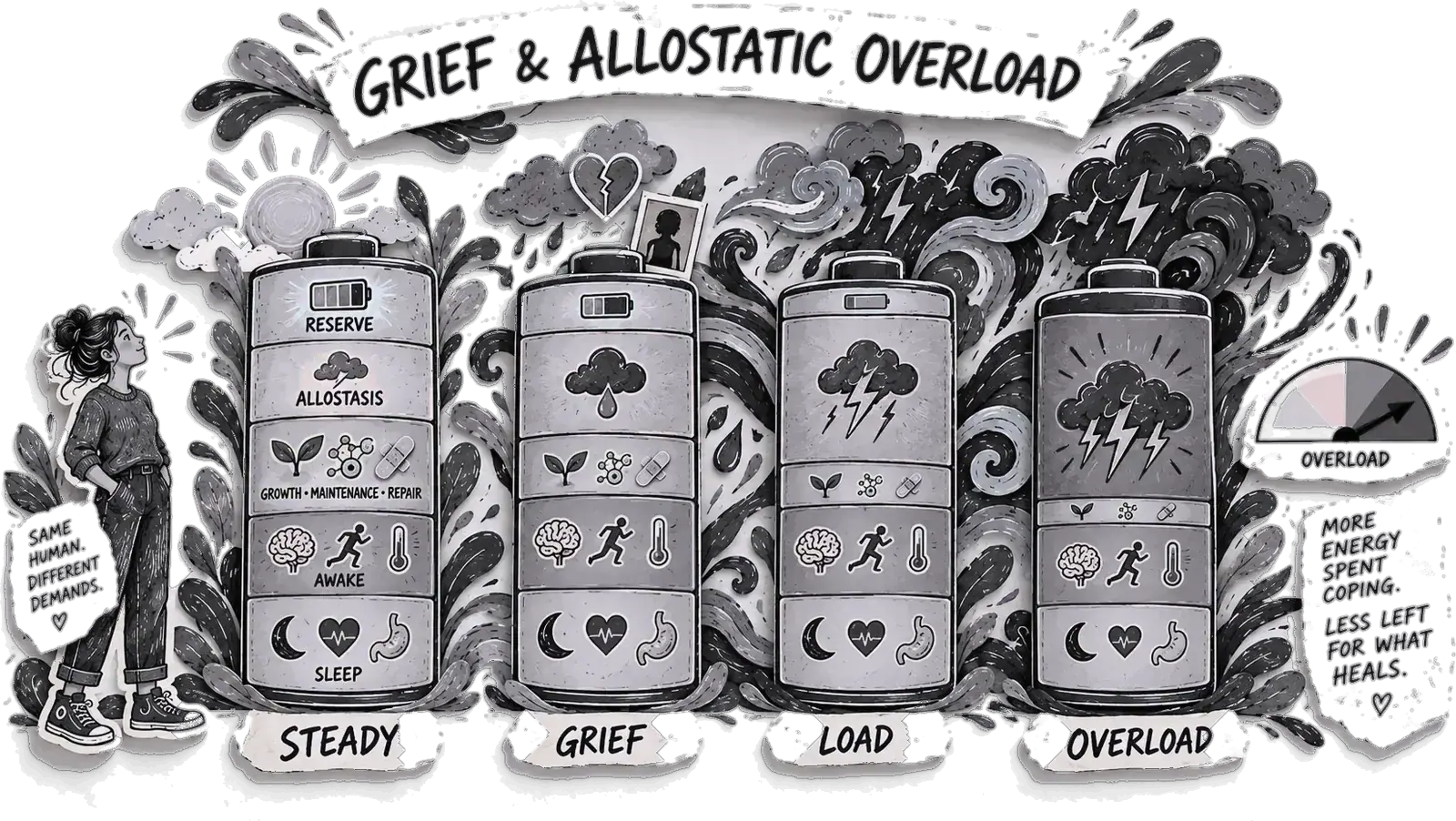 Four paper batteries labelled steady, grief, load and overload, each with less reserve than the last