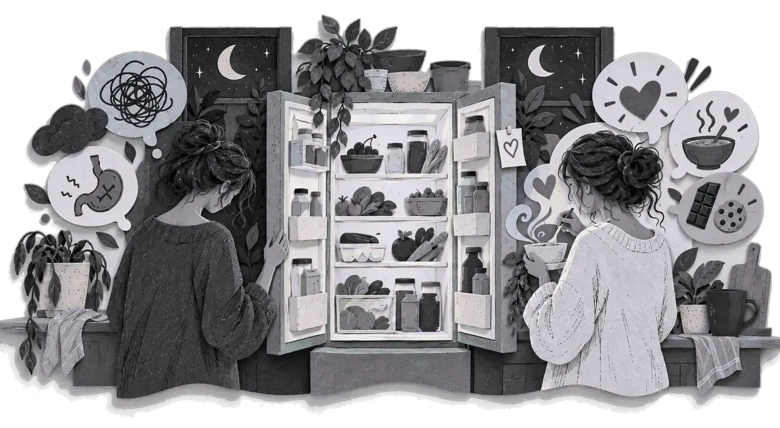 Two scenes: a woman staring into an open fridge at night, and a woman eating comfort food by the window