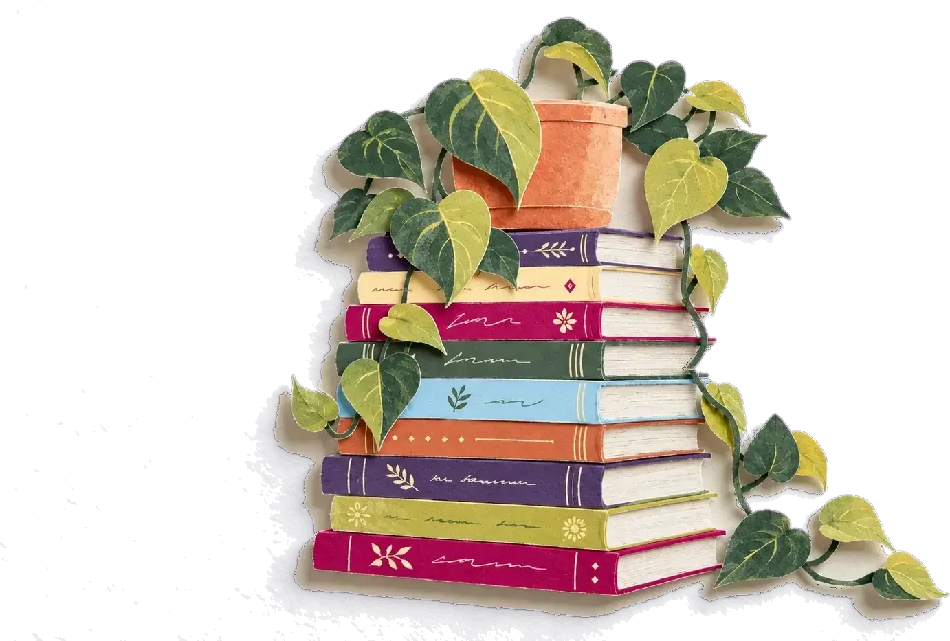 Paper-cut stack of nutrition textbooks with a pothos plant growing from the top