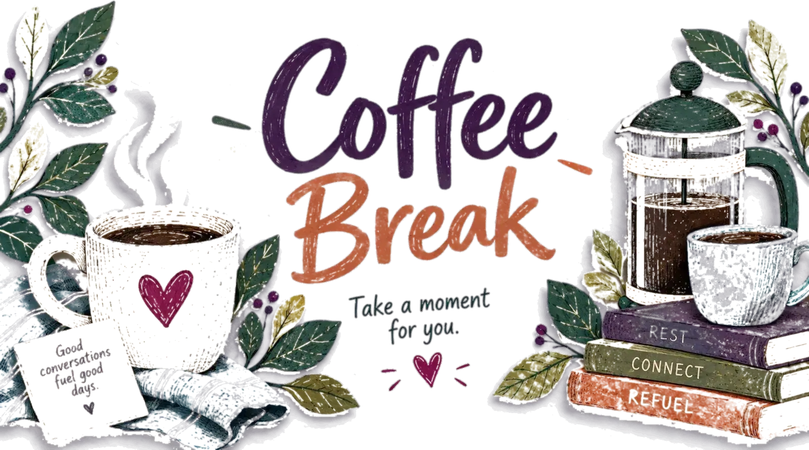 Paper-cut coffee break scene: a mug, a French press, a notebook — take a moment for you
