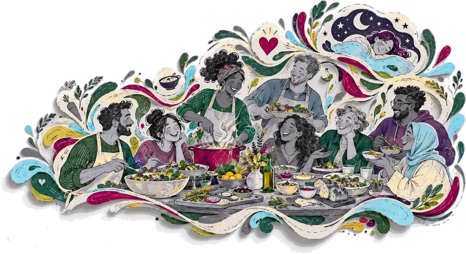 A long table of people laughing and passing food, surrounded by paper ribbons