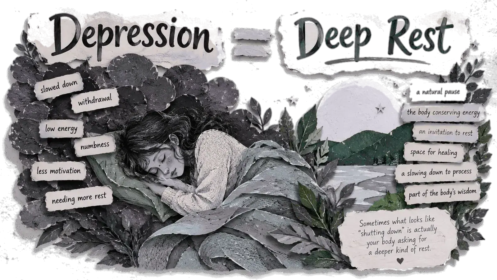 A woman asleep under a heavy purple blanket, with notes: slowed down, withdrawn, low energy, numbness — a natural pause, the body conserving energy, part of the body's wisdom