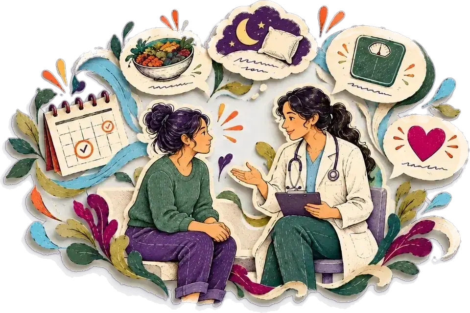 A woman in conversation with a doctor, surrounded by a calendar, a scale, a bowl, a moon and a heart