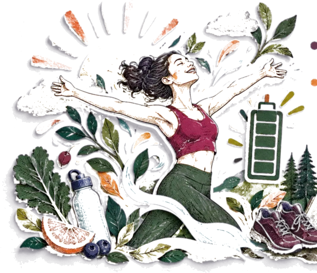 Paper-cut illustration of a woman with her arms open to the sun, surrounded by kale, water, berries, running shoes and a full battery