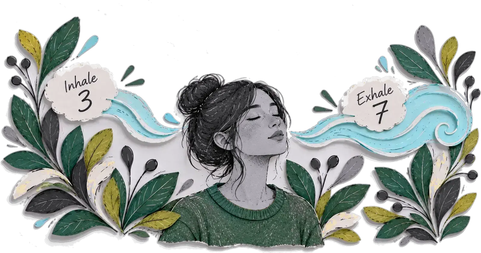 A woman breathing with eyes closed, inhale 3, exhale 7, with blue paper breath flowing past her