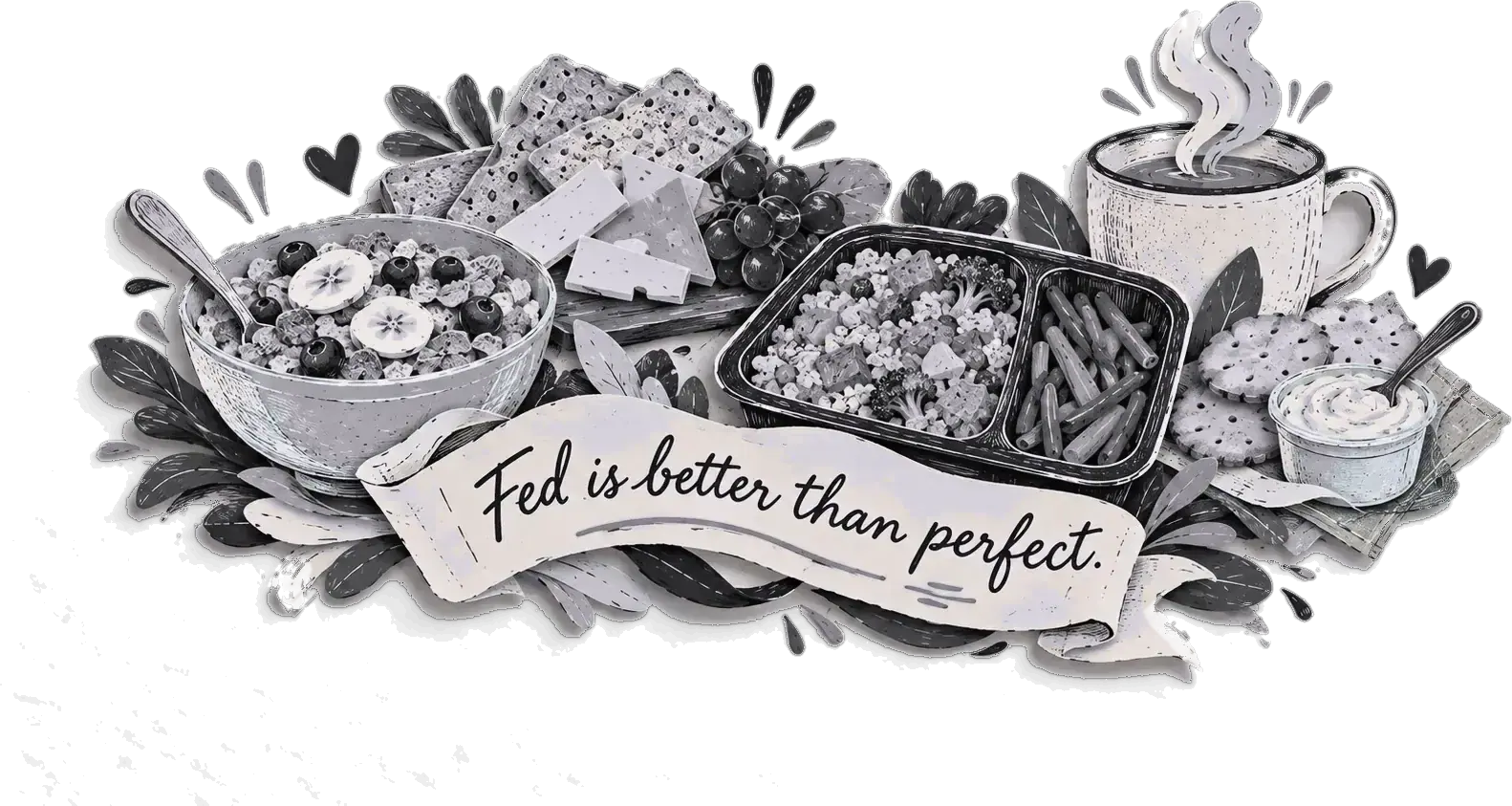 Cereal, cheese and crackers, a mug and a bento box with a banner: fed is better than perfect