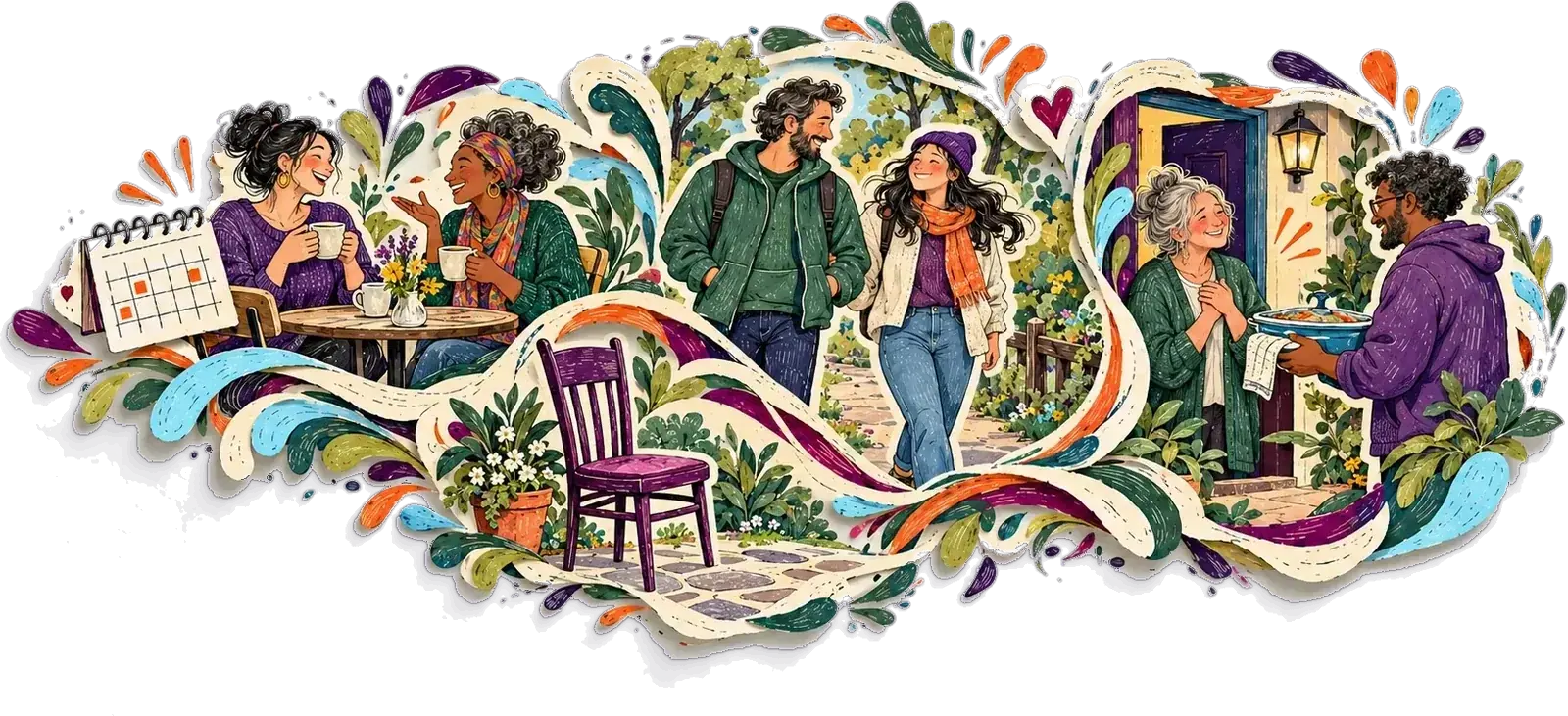 Paper-cut illustration of small ways to pull up a chair: a calendar, friends at a café, a walk, a doorway with a lantern