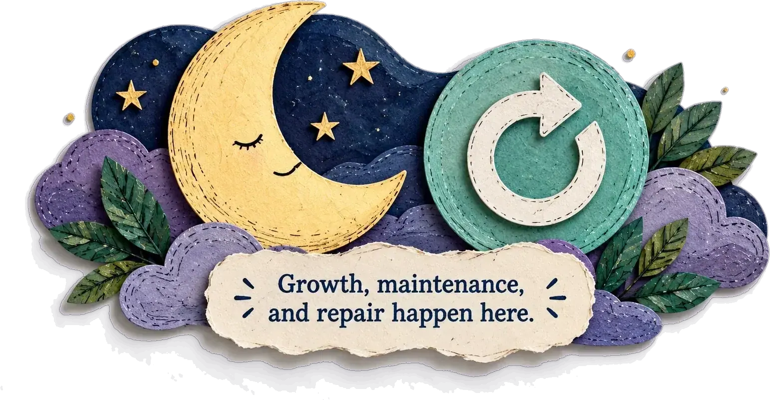 Paper-cut moon with the words growth, maintenance and repair happen here