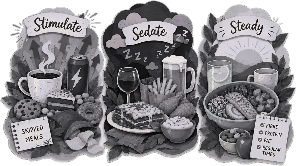 Three piles of food under the words Stimulate, Sedate and Steady — coffee and sugar; wine and chips; a balanced bowl