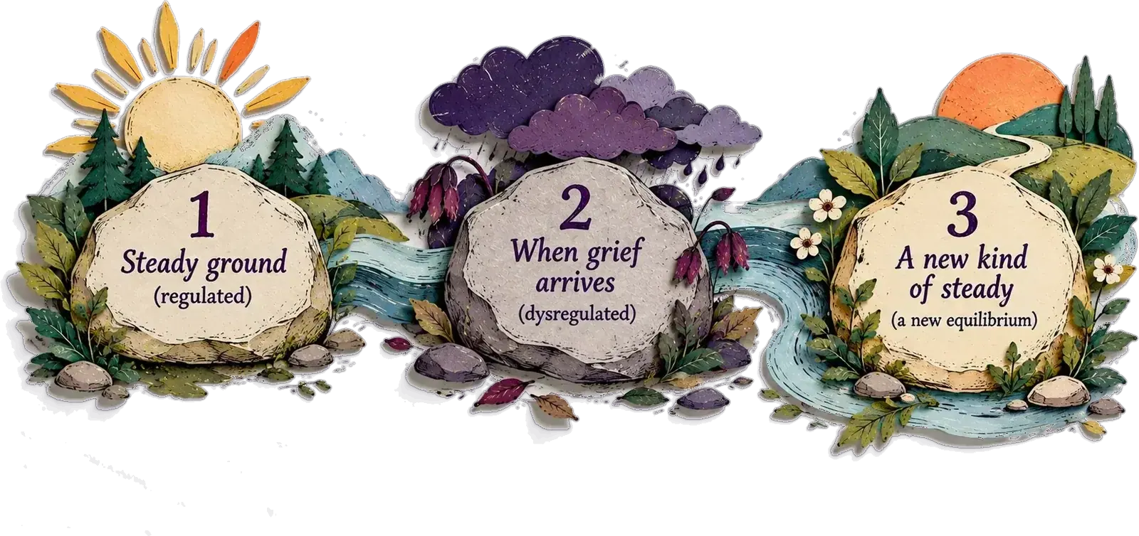 Paper-cut diagram of three phases: steady ground (regulated), when grief arrives (dysregulated), a new kind of steady (a new equilibrium)