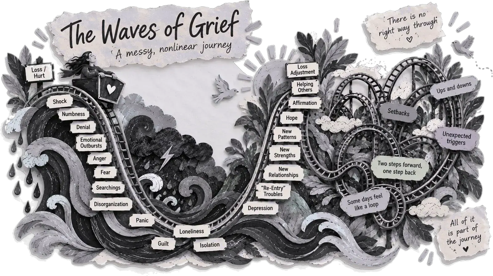 The waves of grief: a small figure on a rollercoaster of blue and purple waves labelled shock, numbness, denial, anger, loneliness, guilt, hope, new patterns — a messy, non-linear journey