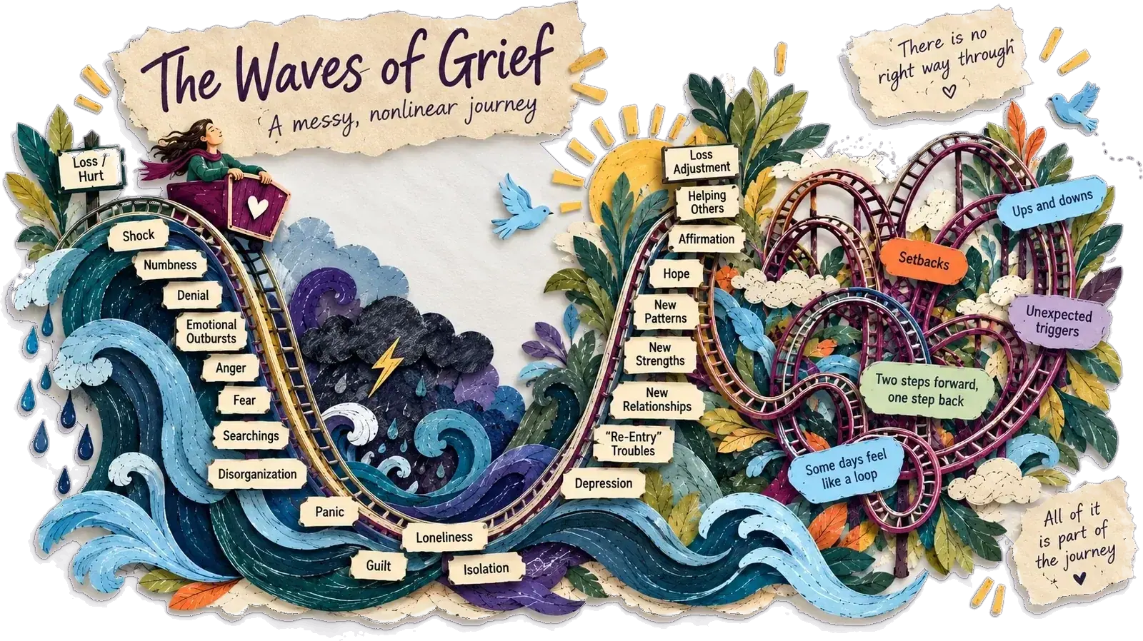 Paper-cut illustration titled The Waves of Grief: a messy, non-linear journey of a small figure riding rollercoaster waves