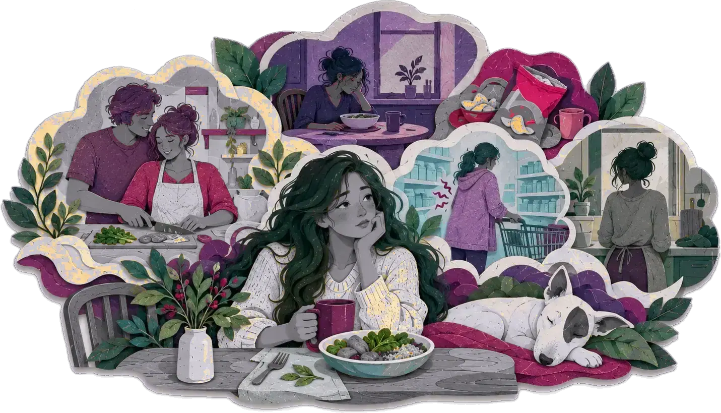 A woman alone at a table with a bowl, remembering cooking together and shopping together