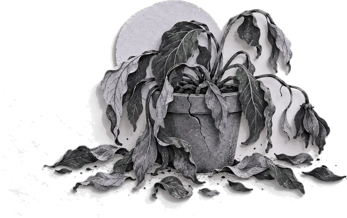 A wilted potted plant with fallen leaves
